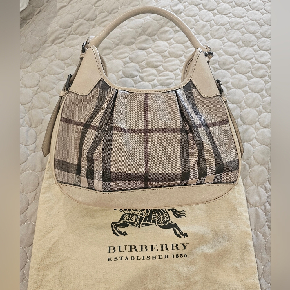 Burberry Cream, Gray and Brown Plaid Shoulder Bag